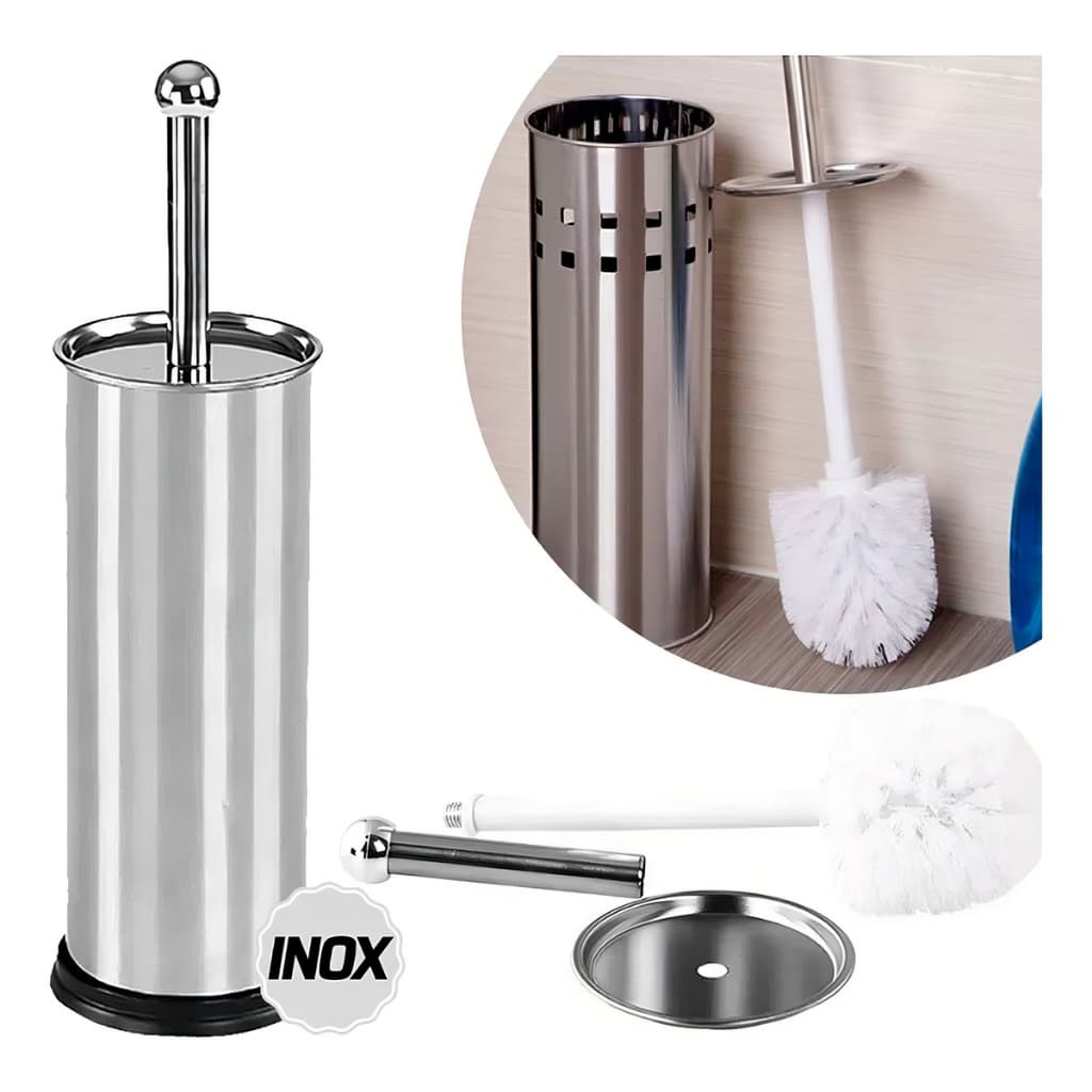 Escova Sanitária Inox com Suporte Aço Inox  - Kit Completo Banheiro Higiene Premium Prata