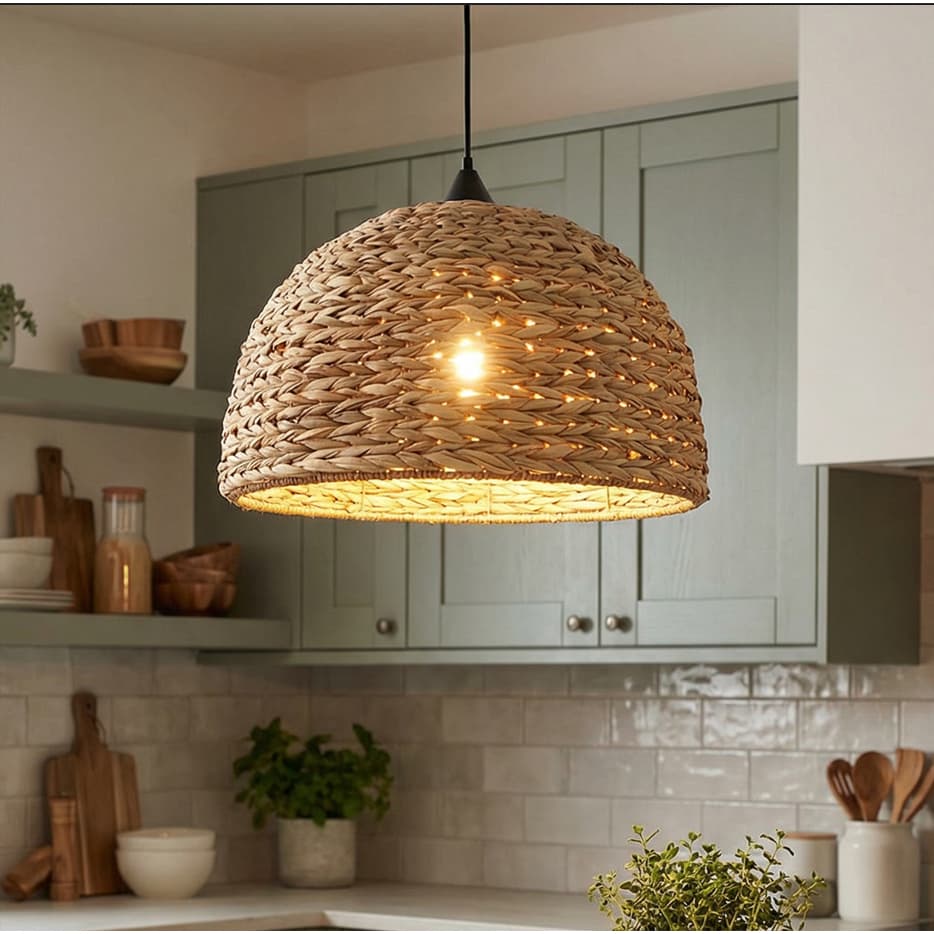 Luminária Pendente Natural Trançada em Fibra de Alga para Sala e Jantar com Fiação