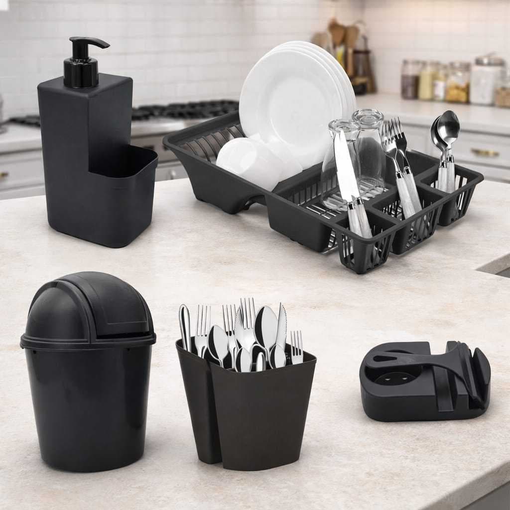 Kit Cozinha 5 Pecas Rodinho Pia + Lixeira 2,4 Litros +  Porta Detergente + Escorredor Louças + Escorredor Talheres