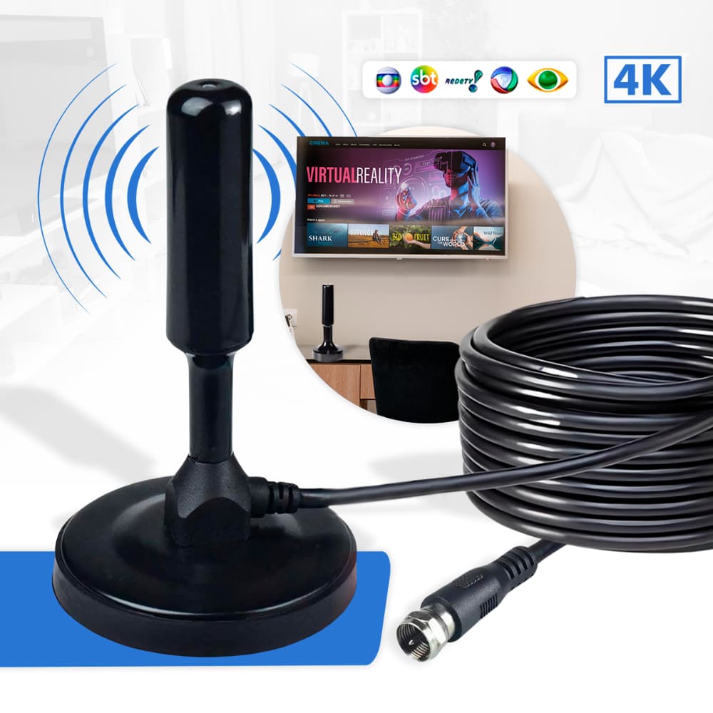 Antena Digital 4k Smart Tv Full Hd Amplificada Interna E Externa Cabo 5 Metros Base Imã - Montza