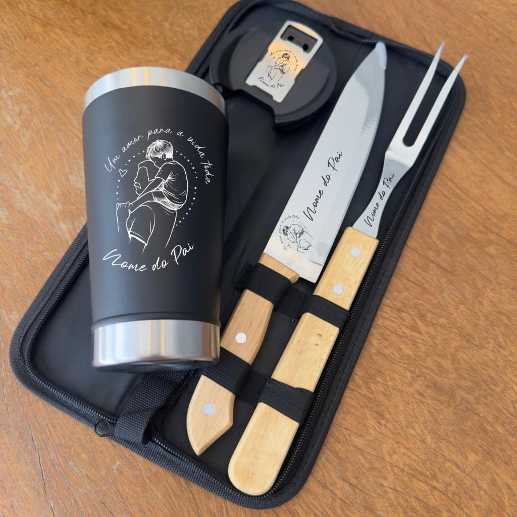 Kit Copo termico 473ml com tampa e Abridor de garrafa + Kit Churrasco Personalizado - Dia do Pai