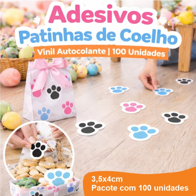 Adesivo Patinha de Coelho Páscoa | Vinil Resistente | Kit com 100 Unidades | FACIL REMOÇÃO | Caça aos ovos de Pascoa |