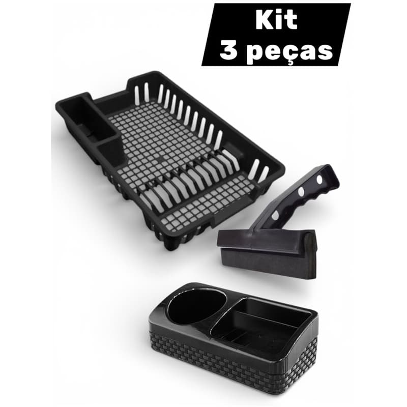 Kit Cozinha Escorredor de Louças 12 Pratos + Porta Detergente Bucha Base + Rodinho Rodo de Pia Preto
