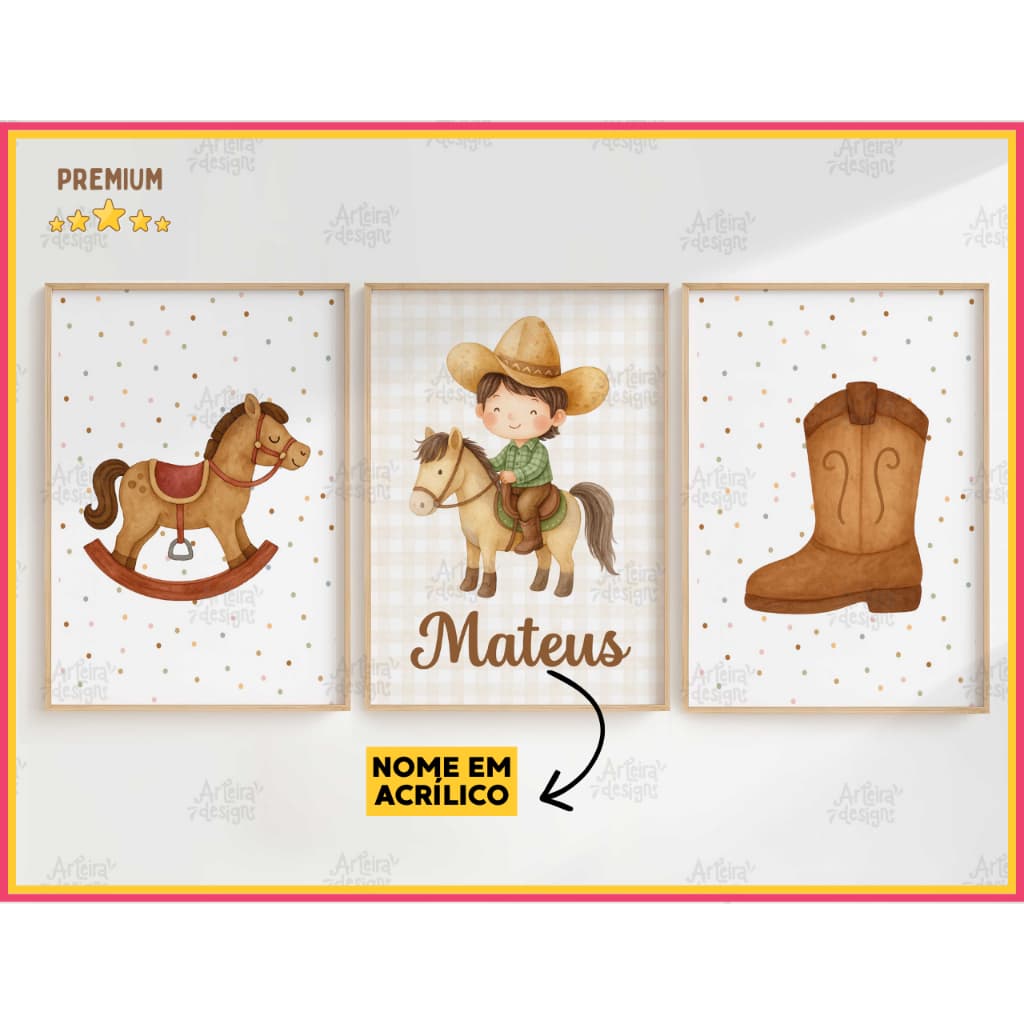 Quadro Decorativo 3 peças CAVALINHO COWBOY Decoração Quarto Infantil Menino NOME EM ACRÍLICO KSMGG24