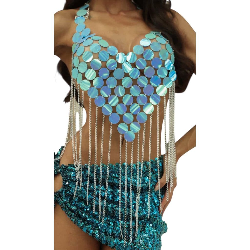 Top Lantejoulas Azul Coração com Correntes Cód D059 - Festa - Carnaval - Look Luxo