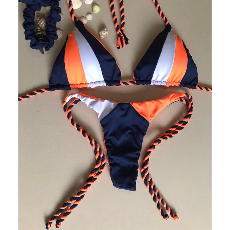 Biquíni dupla face cortininha tricolor, calcinha semi fio - azul marinho, laranja e branco