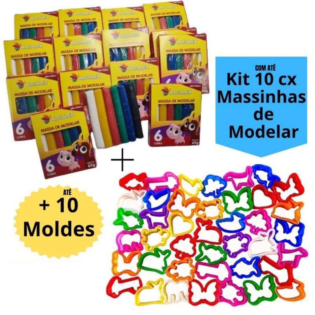 Kit com até 10 Cx Massinha de Modelar + 10 Cortador Molde Kit Festa Lembrancinha Infantil Escolar