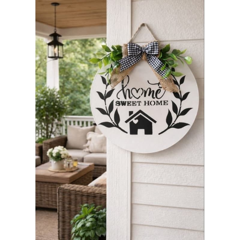 Placa Decorativa "Home Sweet Home" – Enfeite de Porta Premium com Folhagens e Laço(Preto)