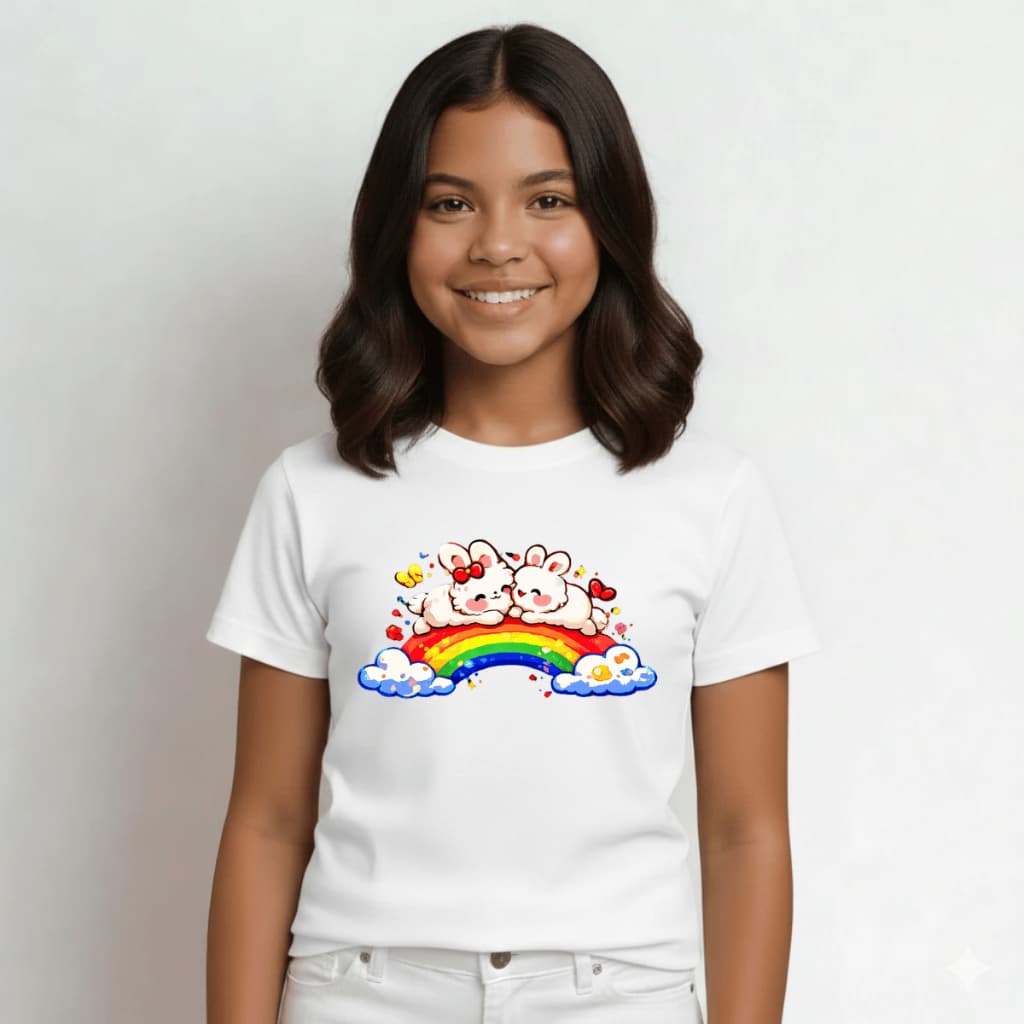 Camiseta Algodão Infantil 2 ao 16 Meninas Coelhinhos Fofos no Arco-íris