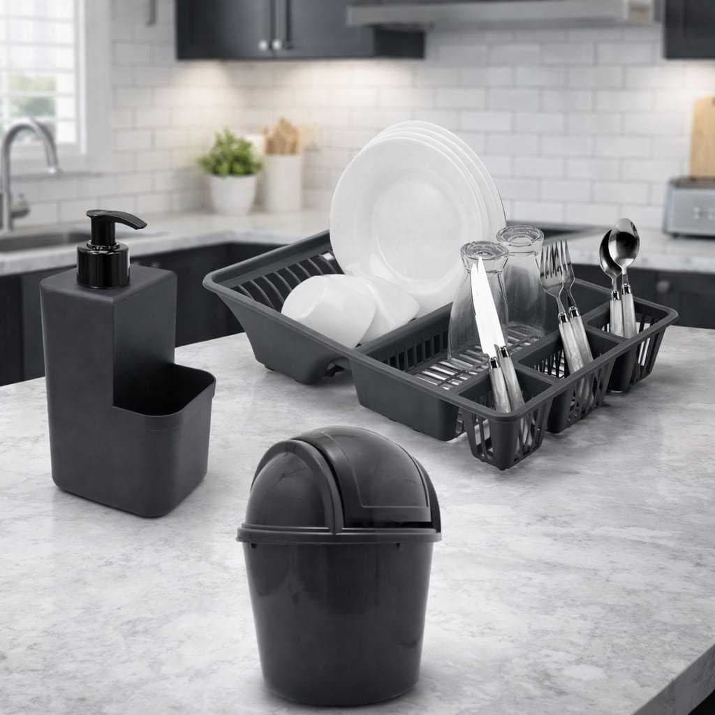 Kit 3 Pecas Cozinha Escorredor De Louças + Porta Detergente Dispenser  Esponja +  Lixeira 2,4 Litros Com Tampa Pratica
