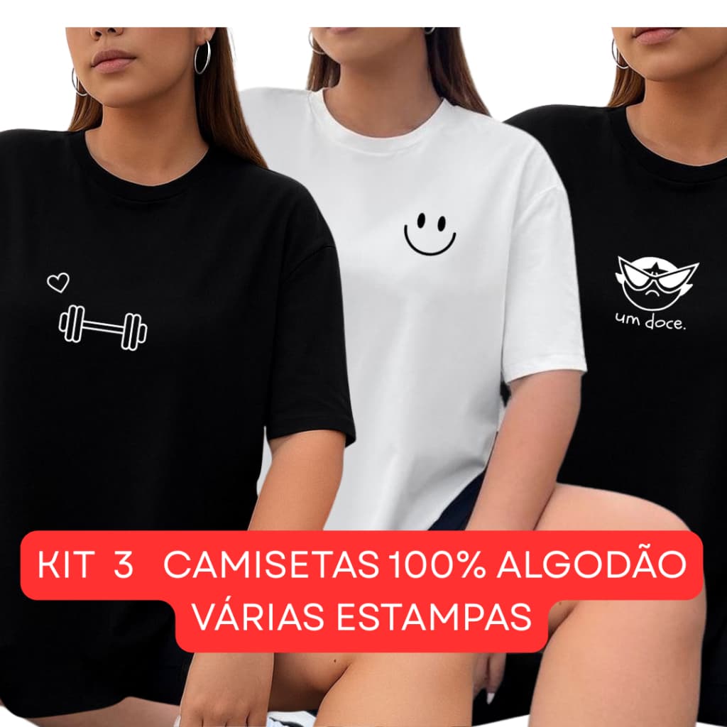 Kit 3 Blusa Feminina 100% algodão confortável Tshirt Estilosa blusa academia fitness Gym treino
