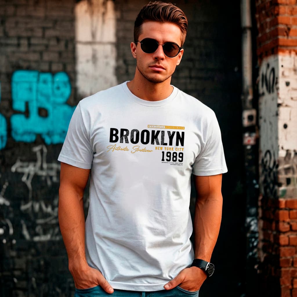 Camiseta Masculina Estampada 100% Algodão Gola Redonda Estilo Urbano Brooklyn
