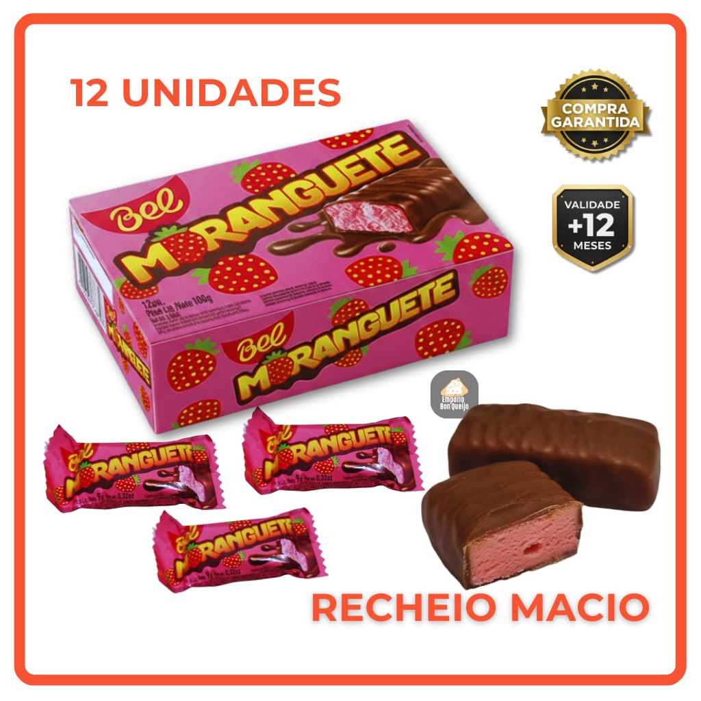Bombom Moranguete Bel Chocolate Caixa c/ 12 Un 9g Original Clássico Recheado Morango Festa Lanche