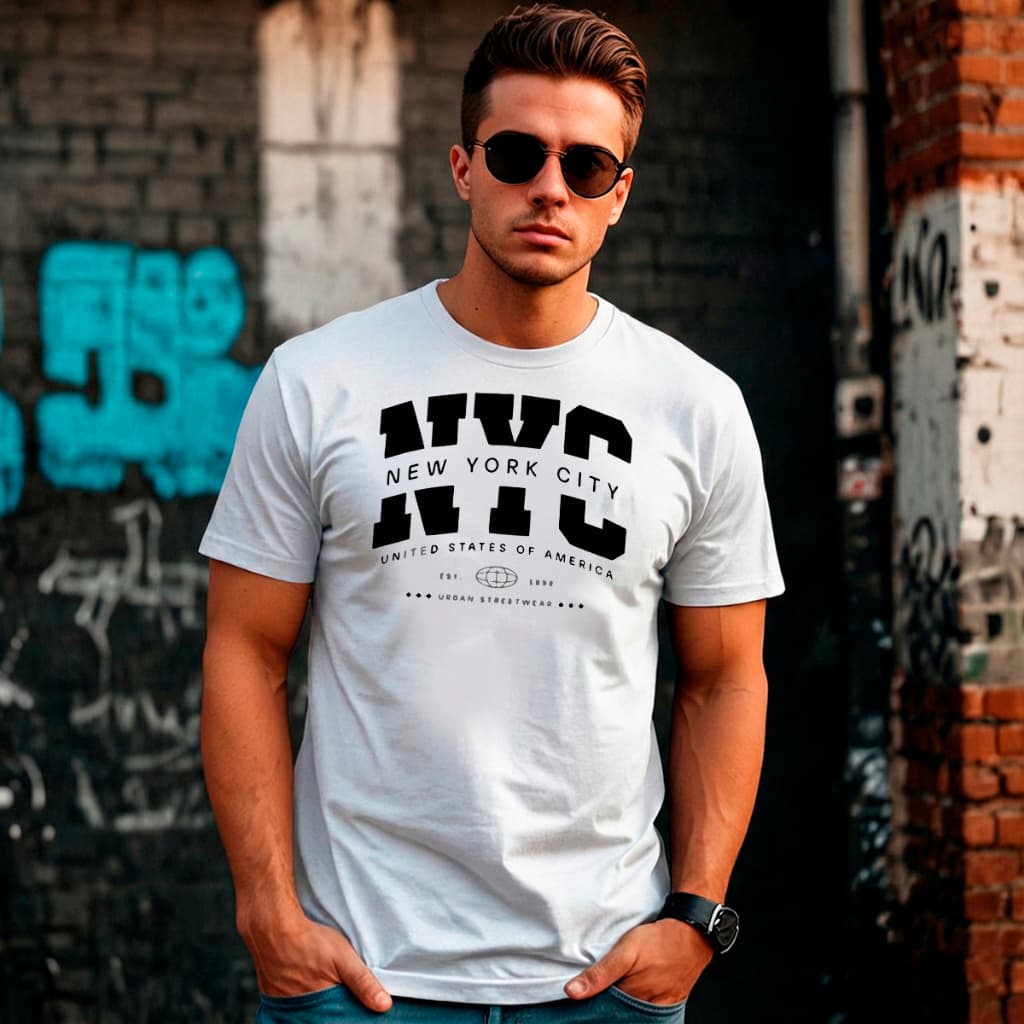 Camiseta Masculina Estampada 100% Algodão Gola Redonda Estilo Urbano Moderno NYC