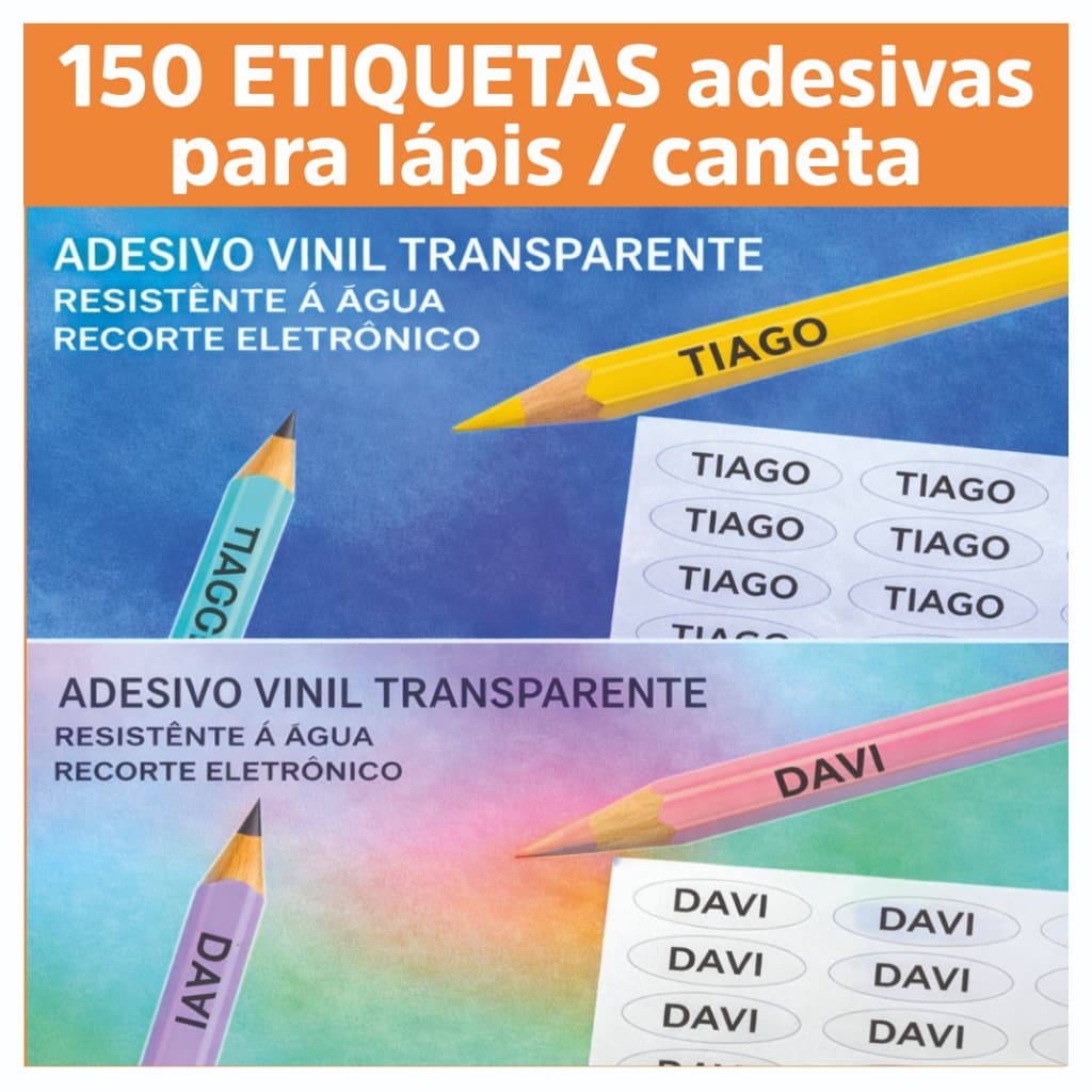 150 Etiquetas Adesivos Personalizados com Nome  para Lápis em Vinil TRANSPARENTE
