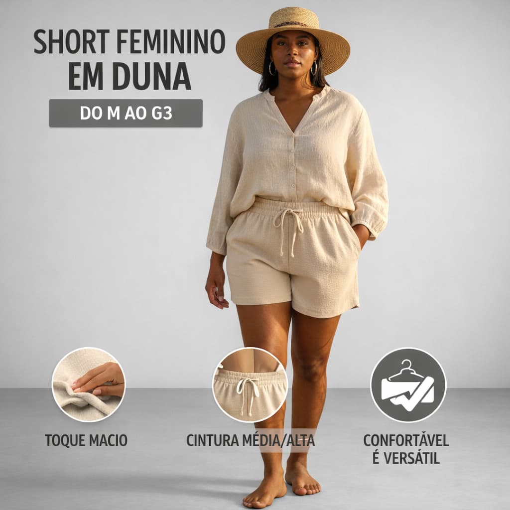 Shorts Duna Feminino Plus Size Confortável Cintura Alta Dia a Dia Tam M ao G3