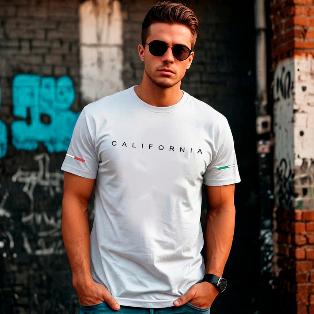 Camiseta Masculina Estampada 100% Algodão Gola Redonda Estilo Urbano Faixa California