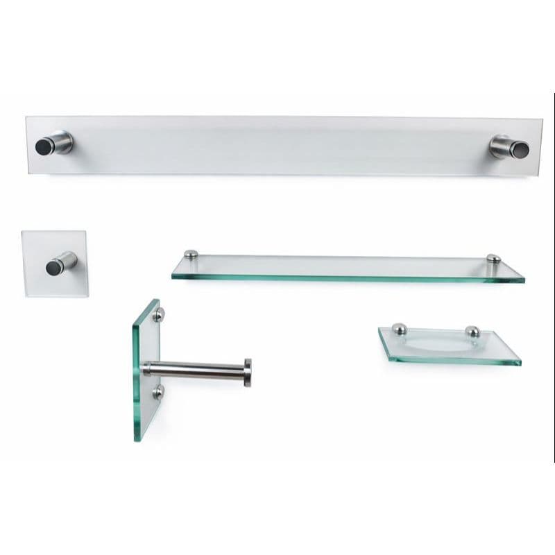 Kit De Acessorios Para Banheiro 5 Peças Em Vidro Incolor Com Acabamentos em Inox Luxo