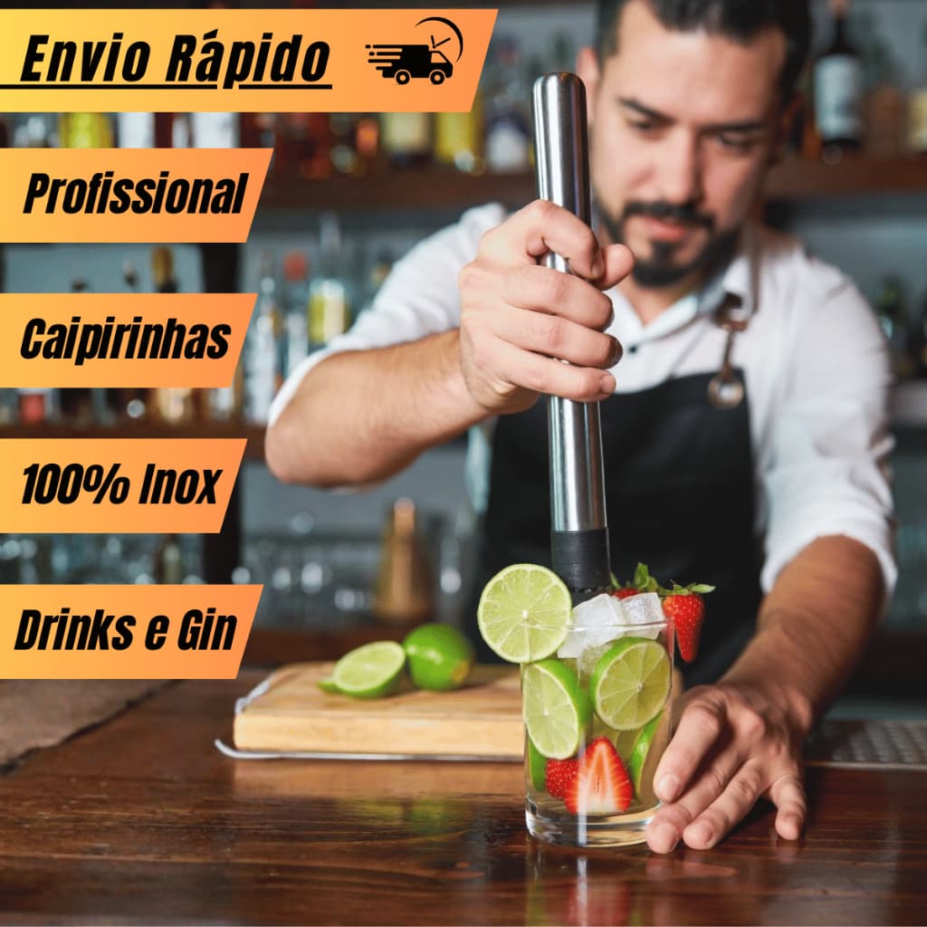 Socador Inox de Fruta Caipirinha Gin Batidas e Drinks Macerador Amassador Alho Hortelã