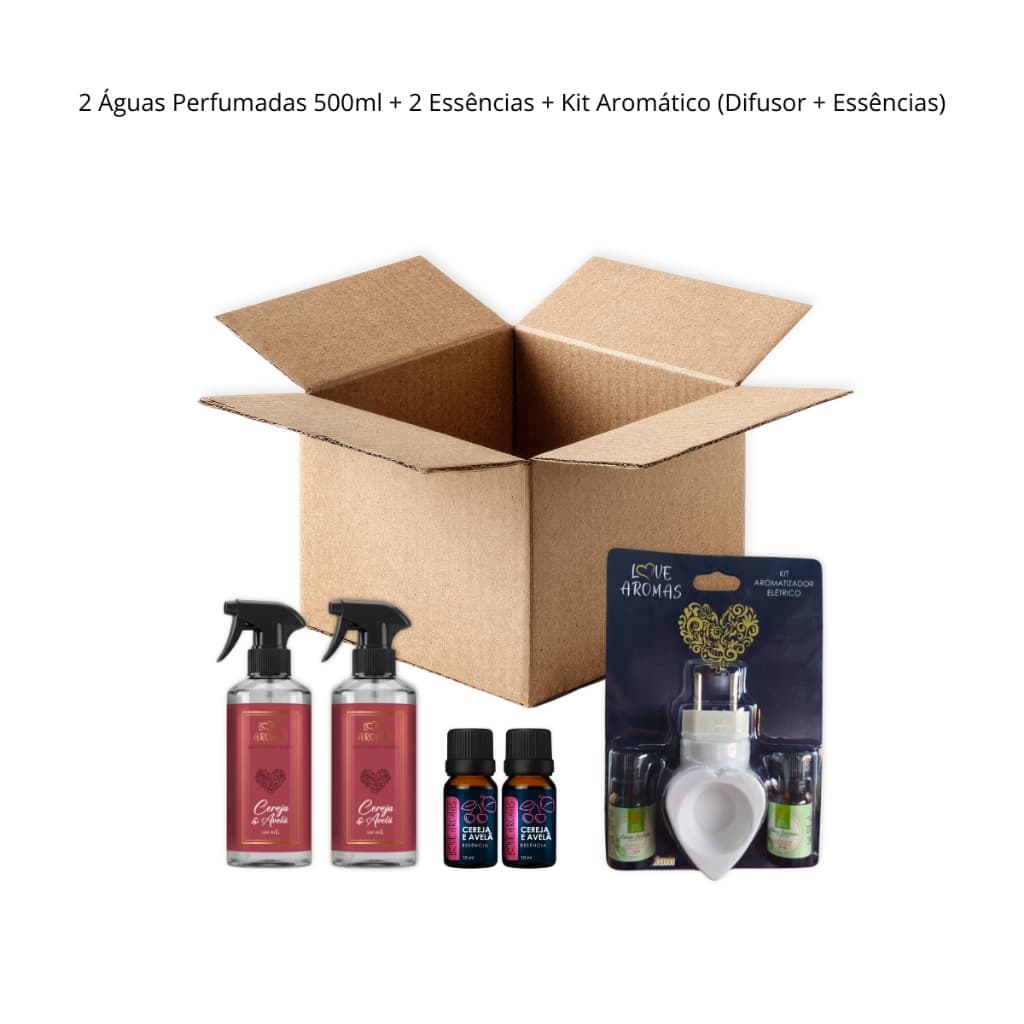 Kit Aromatizador Completo Love Aromas Difusor Elétrico + Águas Perfumadas 500ml + Essências