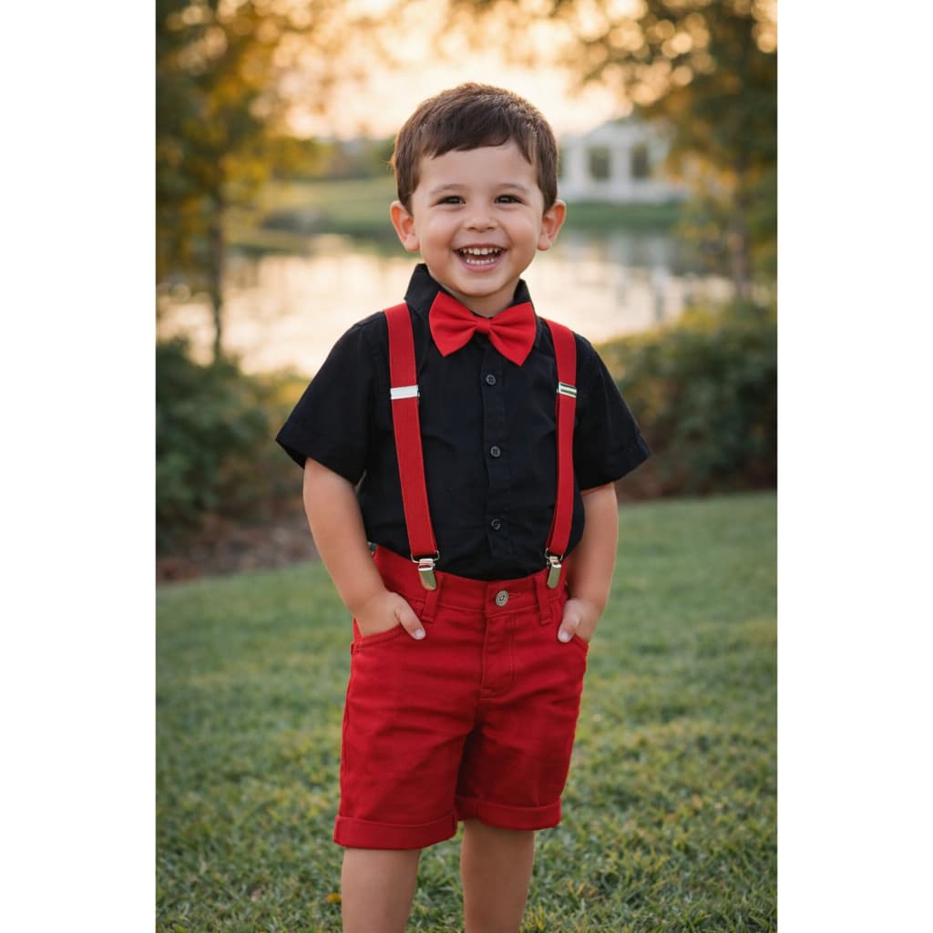 Conjunto Social Infantil  Camisa Preta + Bermuda + Suspensório + Gravata Borboleta Envio Já