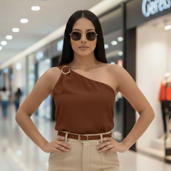 Blusa Regata Social Feminina de um Ombro Só C/ Detalhe de Fivela Organica