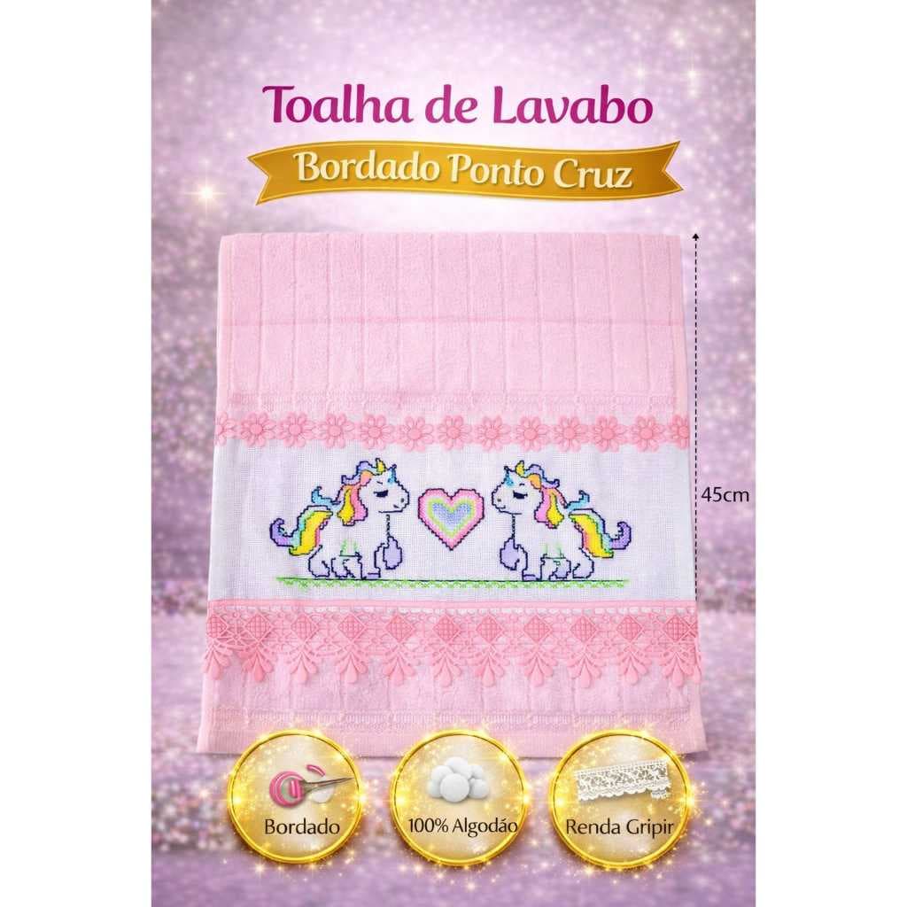 Toalha de Lavabo 30cm x 45 cm Artesanal Bordada em Ponto Cruz Algodão Renda Gripir Pronta Entrega