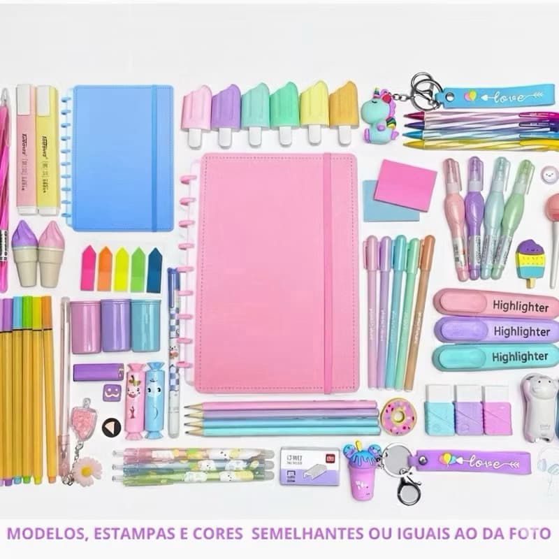 Kit Papelaria 2026 Caderno A4 Capa Pastel Divertida Kawaii Fofo Bloquinho Presente Volta as Aulas