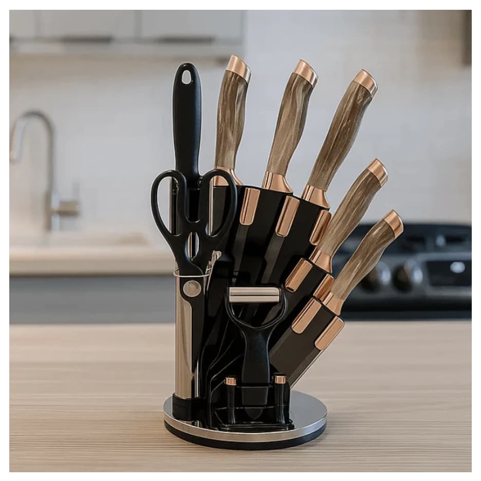 Jogo De Facas 9 Peças Faqueiro Com Suporte Cepo em Aço Inox Resistente