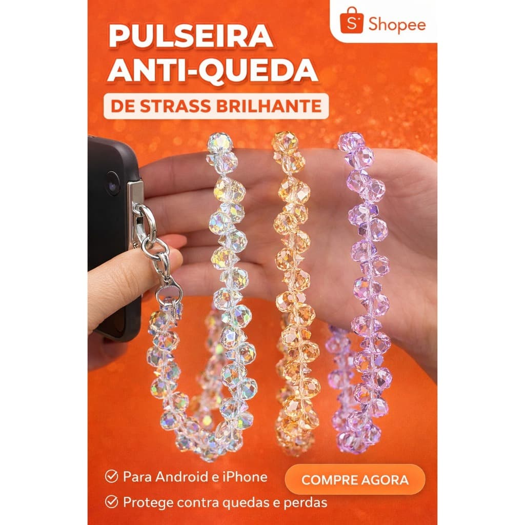 Pulseira anti furto feminino para celular cordão anti queda pulseira anti queda strass brilhante
