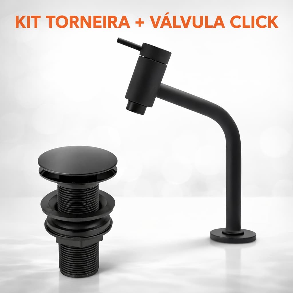 Kit Banheiro Torneira Metal Bancada Link Ralo Válvula Click 7/8 Preta