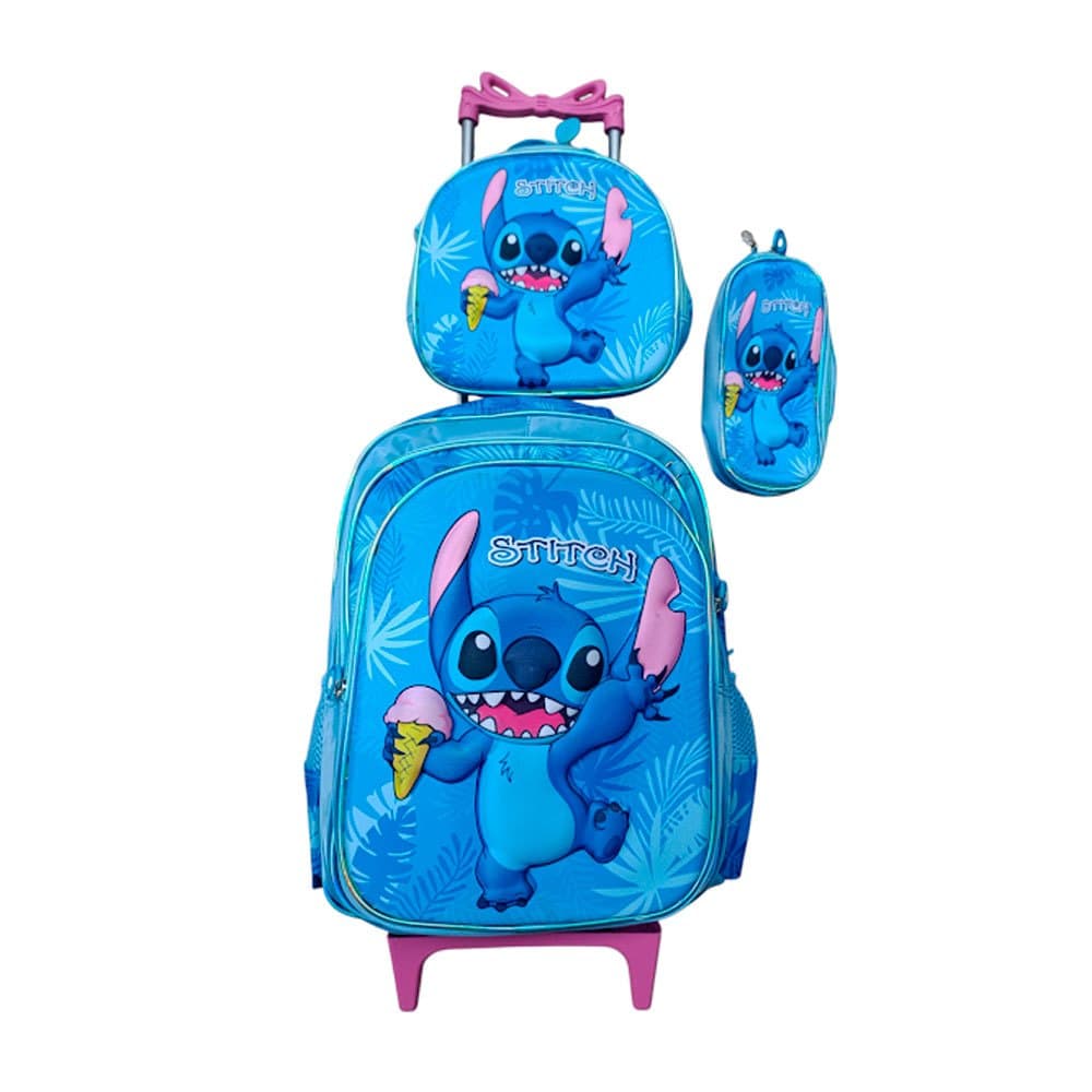 Kit Mochila Stitch 3D com Rodinhas + Lancheira Térmica + Estojo Escolar Carrinho Rosa Para Meninas