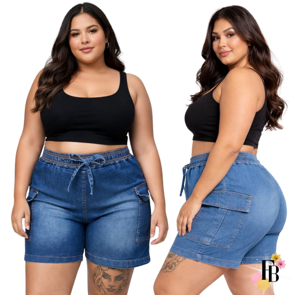 Kit 2 Short Jeans Lycra Plus Size do 42 ao 56 Cintura Alta Elastico Cordao Bolso Cargo Estiloso