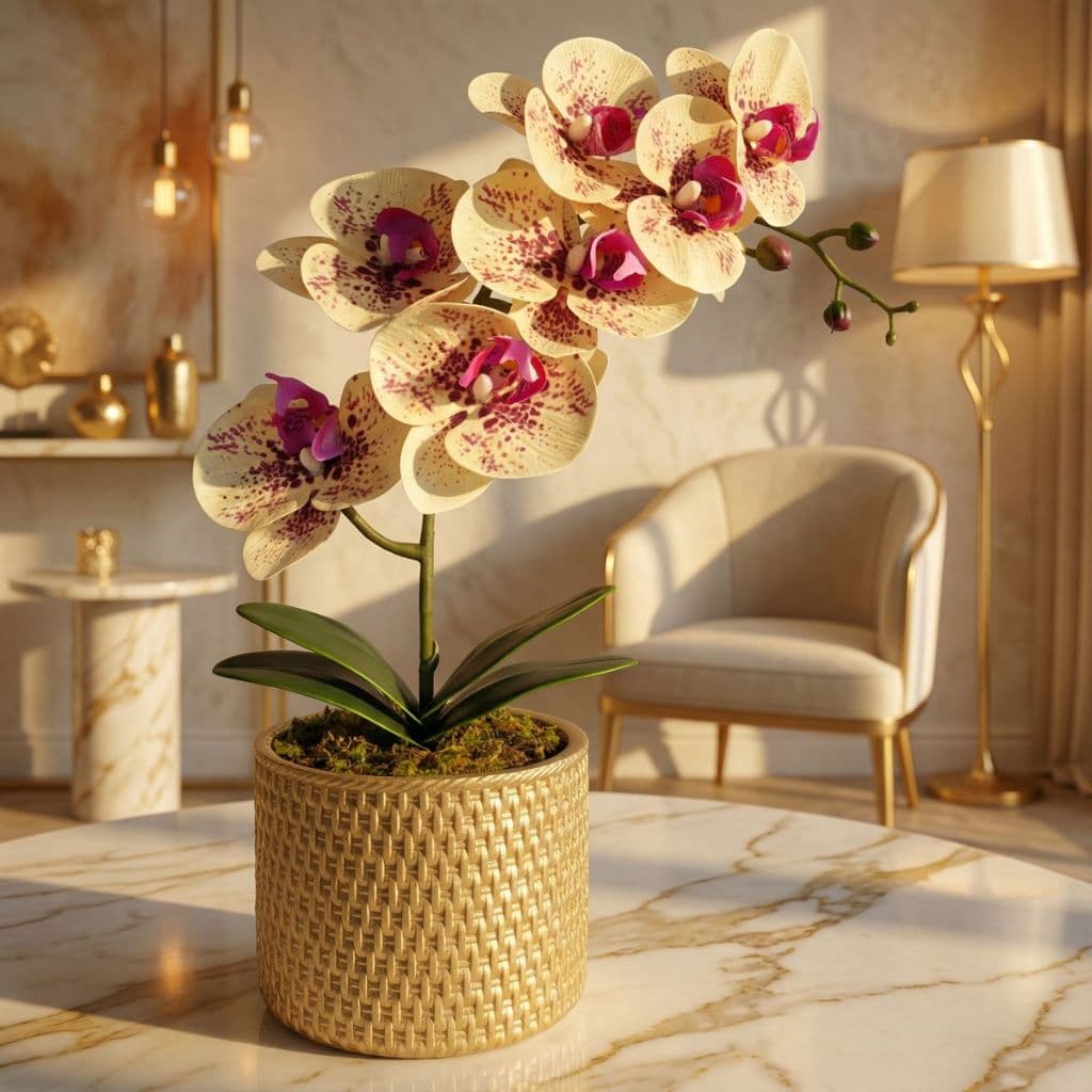 Arranjo Orquídea Creme Toque Aparência Real Siliconada Vaso Rattan