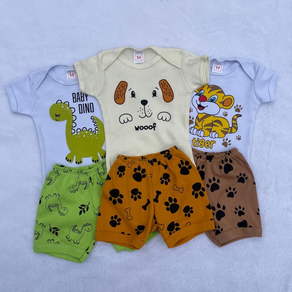 Kit 6 Peças De Roupa Infantil Bebê (3 Body + 3 Short) Temático de Tigrinho, Baby Dino, Cachorro Suedine 100% Algodão