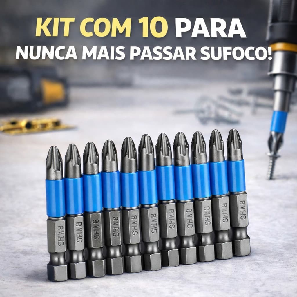 Jogo 10 Bits Ponteira Phillips Imantada Antiderrapante Furadeira e Parafusadeira