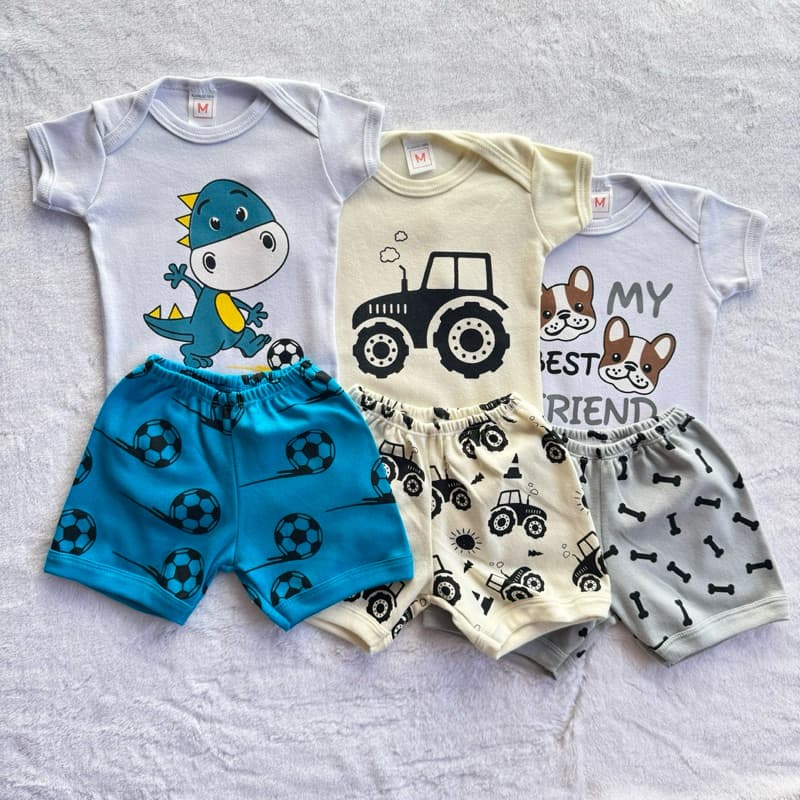 Kit 6 Peças De Roupa Infantil Bebê (3 body + 3 Short) Temáticas de Dinossauro, Trator, Cachorro Suedine 100% Algodão