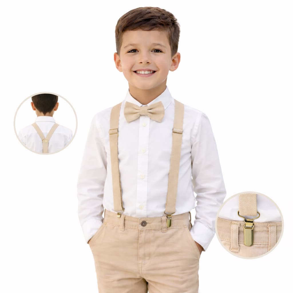 Kit Suspensório e Gravata Borboleta Bege Infantil Festas Casamento Pajem Batizado 2 a 7 Anos