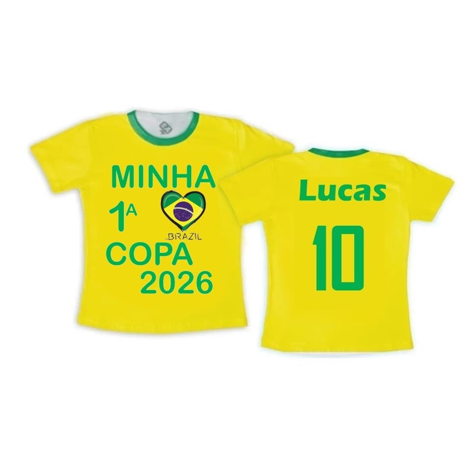 camiseta infantil copa 2026 brasil hexa com nome personalizado
