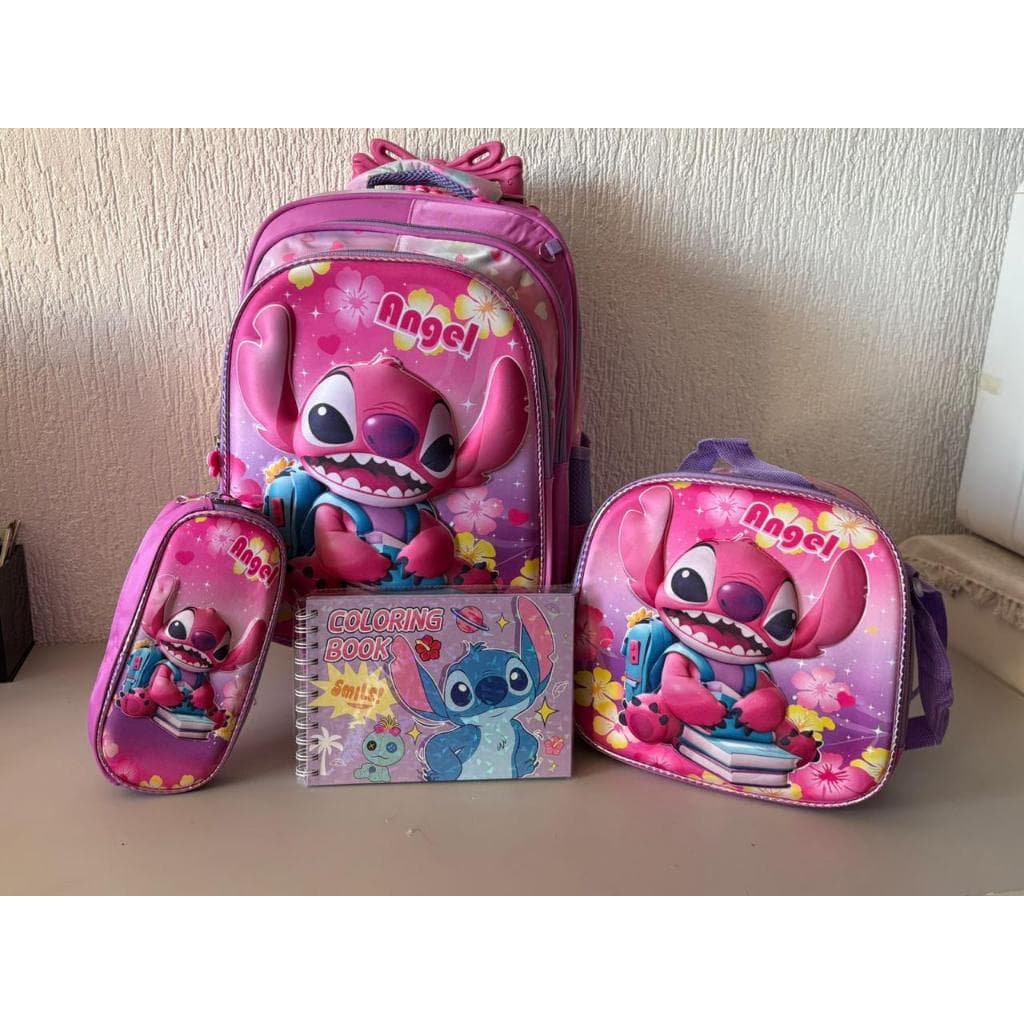 Mochila Infantil Lilo & Stitch 3D Com Rodinhas Kit Completo 2026