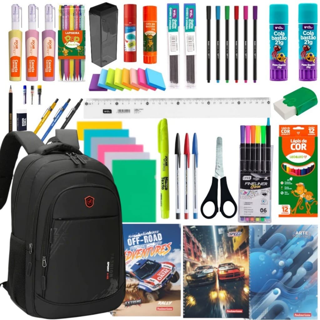 Kit Material Escolar Completo Masculino e Feminino Ensino Médio, Faculdade E Fundamental Menino