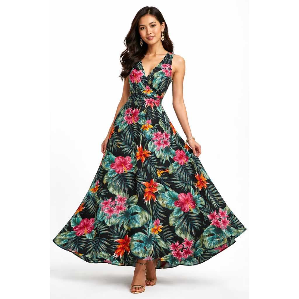 Vestido Longo Godê Elegante | Decote V | Moda Feminina [VESTIDO LONGO - COLEÇÃO ENCANTO]