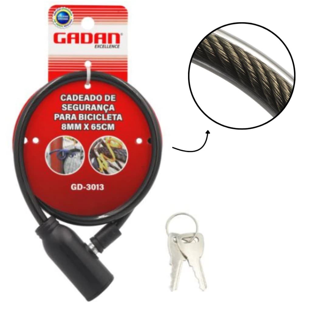 Cadeado Reforçado Bicicleta Moto Cabo de Aço 8mm com Chaves Segurança Trava