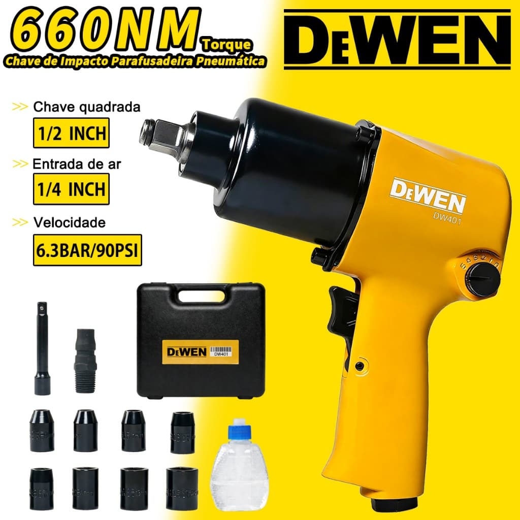 Chave de Impacto Parafusadeira Pneumática 1/2 Pol 660nm Velocidade 6.3BAR/90PSI