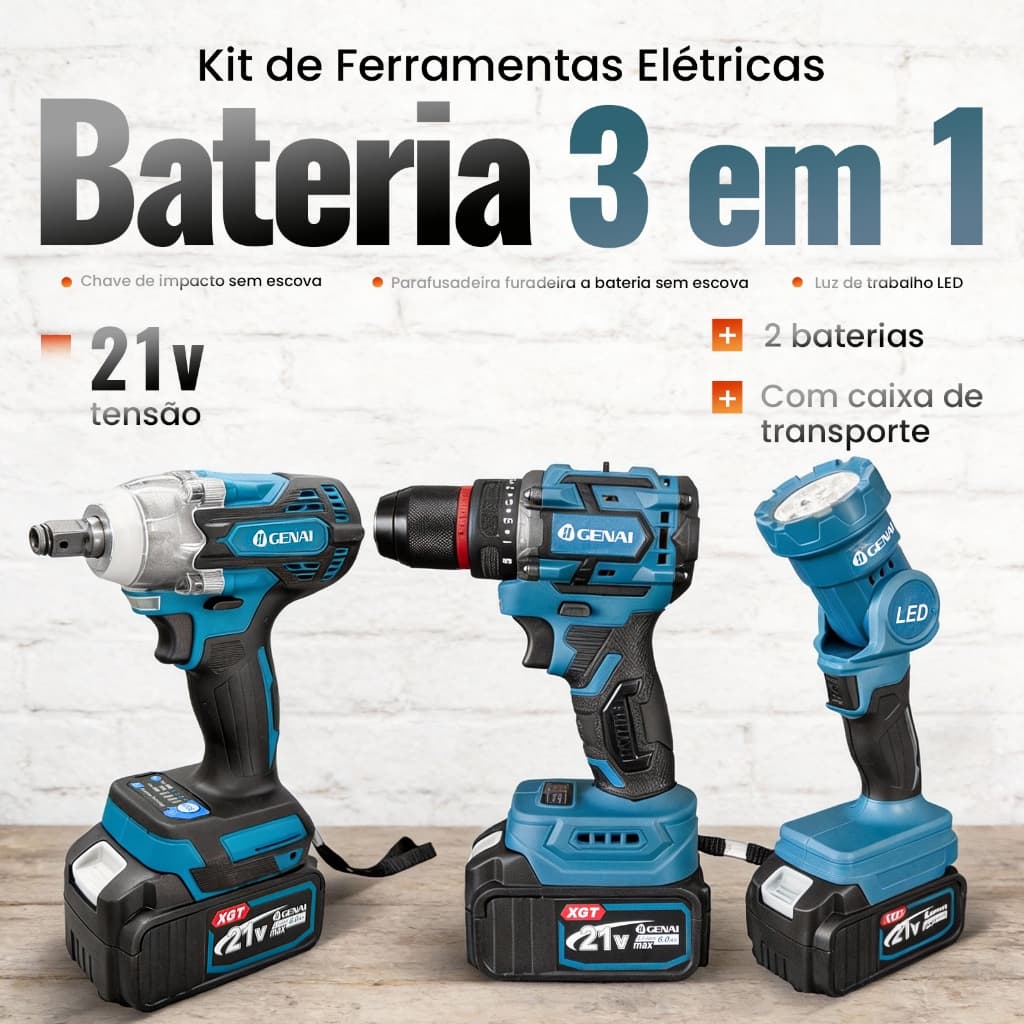 Kit 3 em 1 Profissional 21V Chave de Impacto Brushless 520Nm + Furadeira de Impacto + Lanterna LED + 2 Baterias