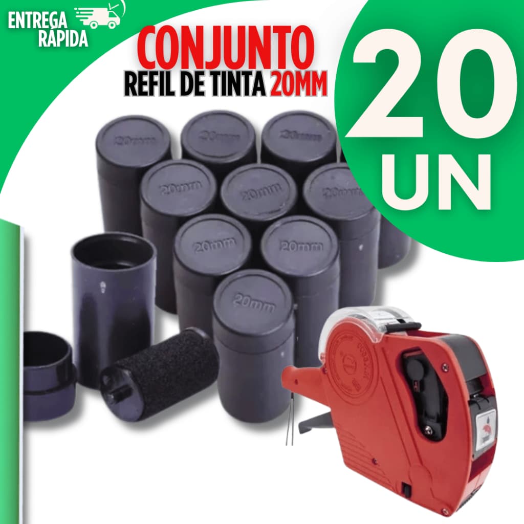 Kit 20 Refil De Tinta Para Etiquetadora Tinteiro Rolete 20mm Precificador Preço Manual Universal