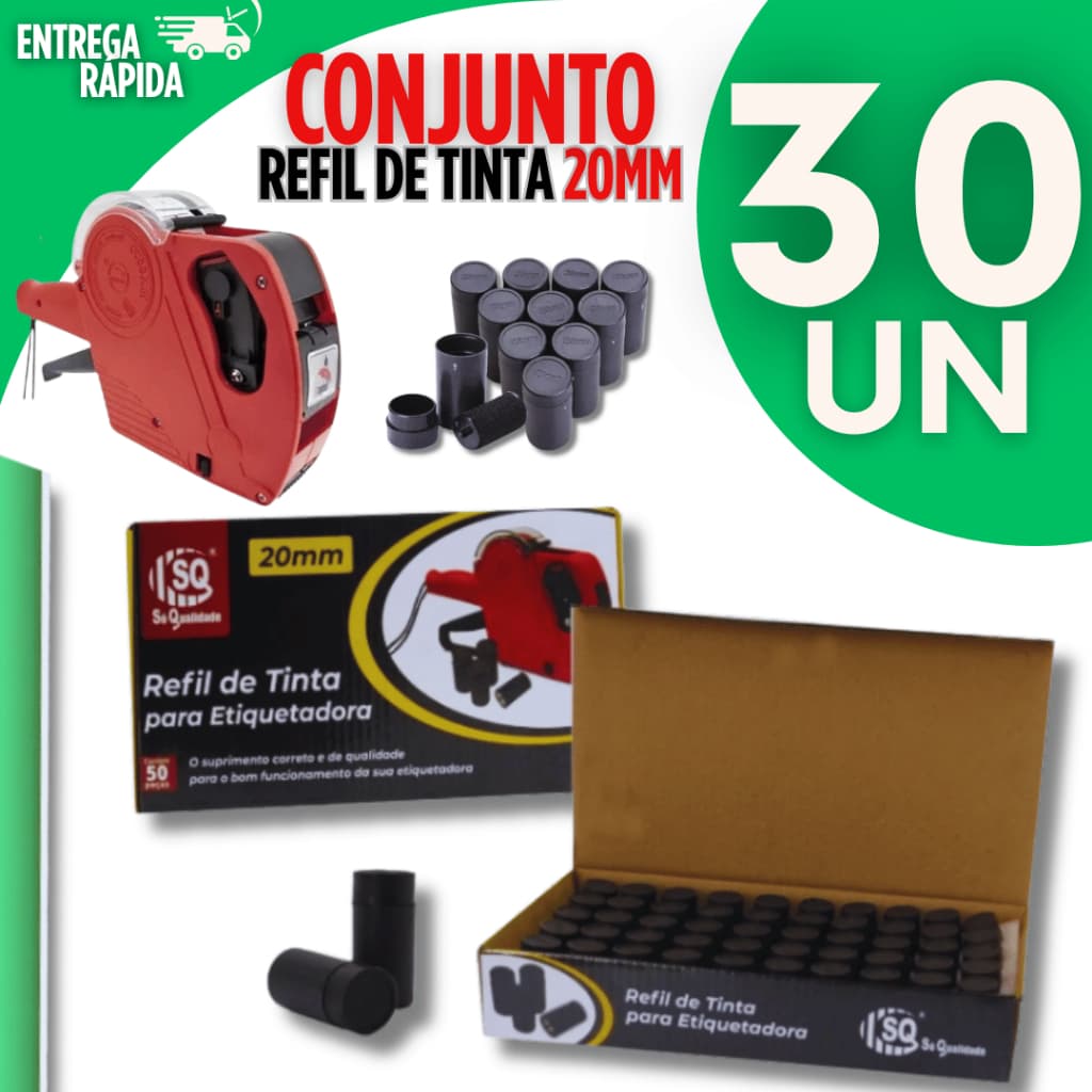 KIT 30 Refil De Tinta Para Etiquetadora Tinteiro Rolete 20mm Precificador Preço Manual Universal