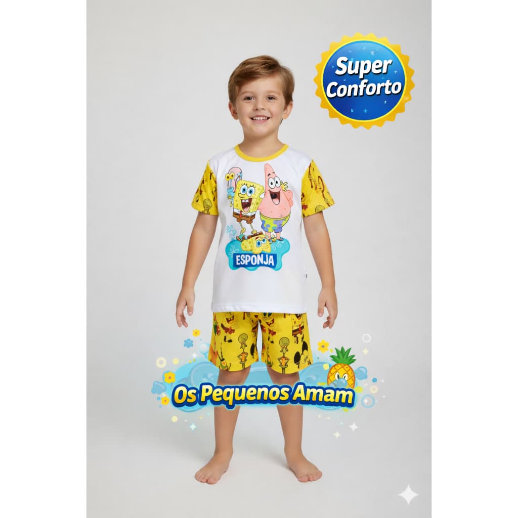 Pijama Infantil Masculino Bob Esponja Curto Verão Malha Macia Confortável