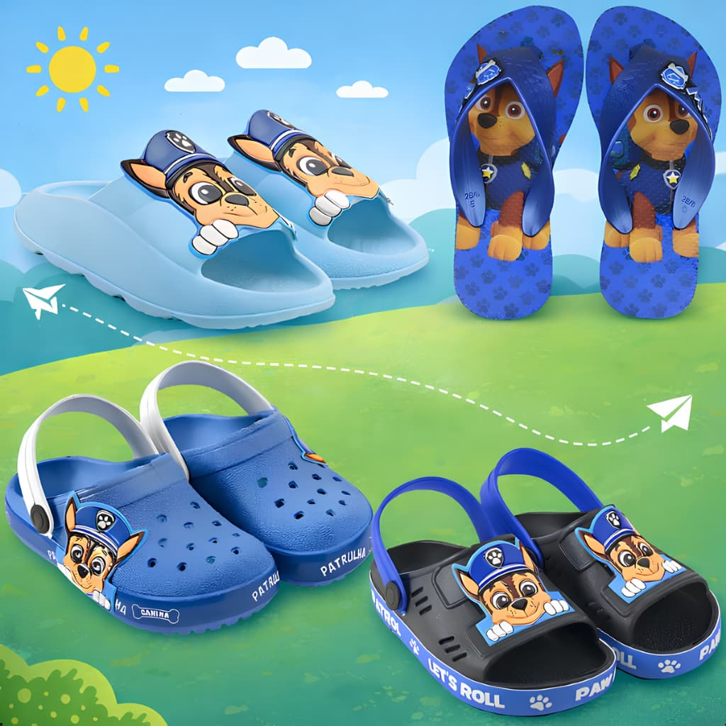 Kit Menino 4 Em 1 Slide Nuvem + Babuche + Sandália E Chinelinho Kids Patrulha Azul