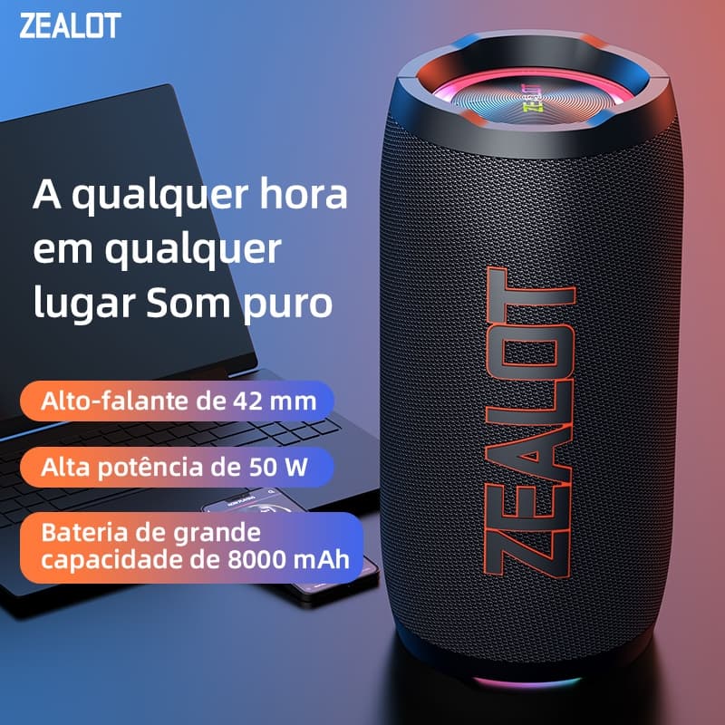 ZEALOT S76 Caixa de Som Bluetooth Portátil 60W Alta Potência Bateria 8000mAh Grave Forte Bluetooth 5.3 Suporte TWS Até 1